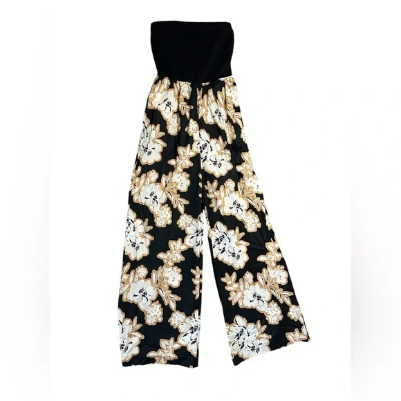 Evereve Miley ribbed bodice wide leg black floral Jumpsuit size M - Picture 2 of 6